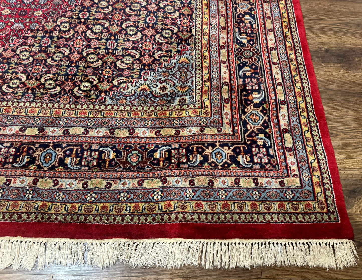 Indo Persian Bidjar Rug 10x14 Red And Dark Blue Herati Mahi Pattern Vintage