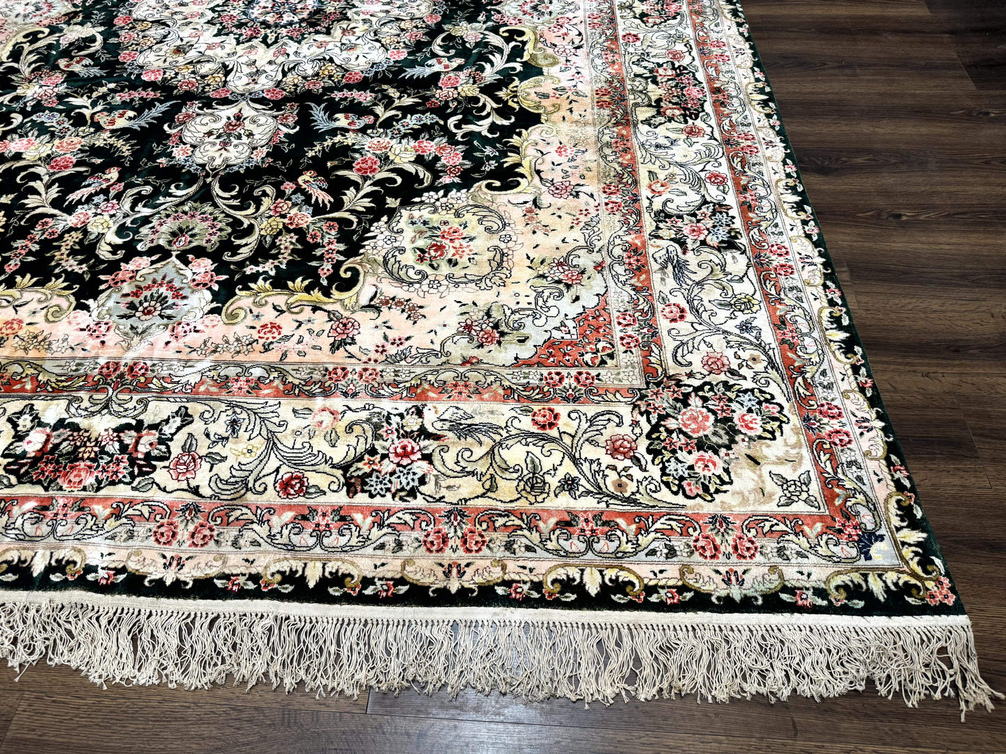 Kashmiri Silk Rug 9x12 Vintage Hand Knotted Carpet For Elegant Interiors