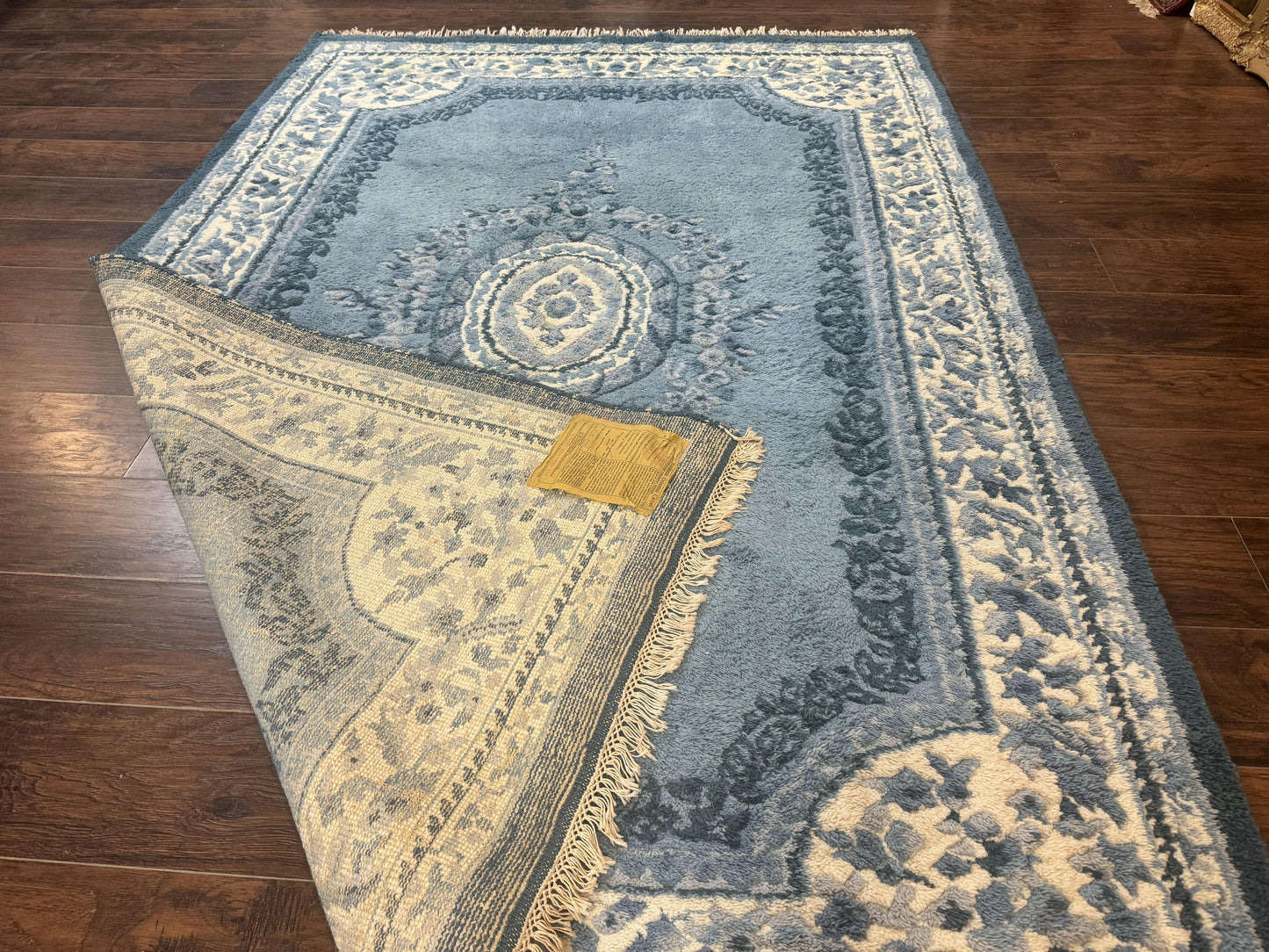 Indo Chinese Aubusson Rug 6x9 Handmade Vintage Wool Carpet Light Blue And Ivory