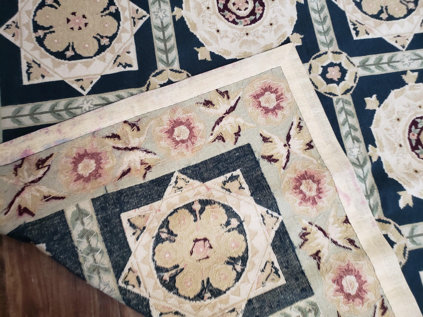 Vintage Chinese Needlepoint Rug 6x9 Handwoven Wool Panel Design Rug Black Ivory