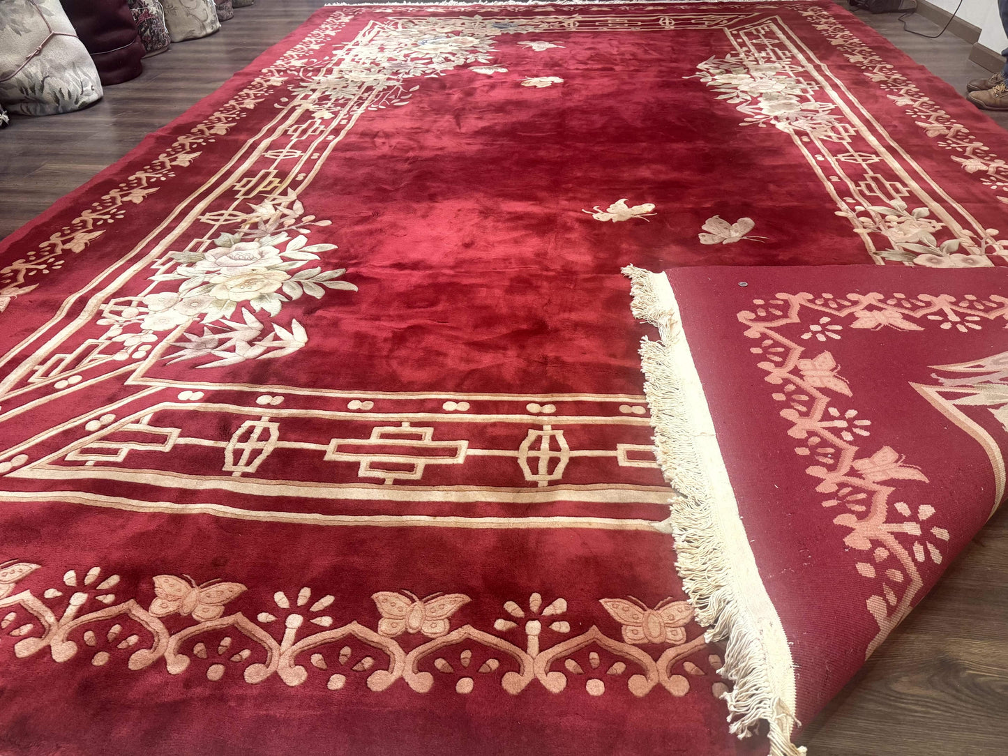 Chinese Wool Rug 12x18 Palace Size Vintage Hand Knotted Red With Butterflies And Flowers