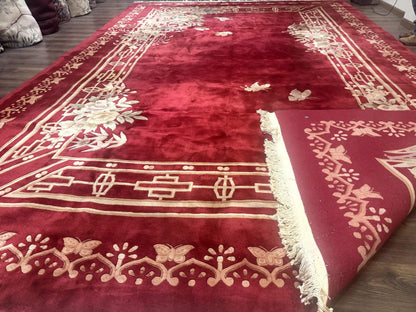 Chinese Wool Rug 12x18 Palace Size Vintage Hand Knotted Red With Butterflies And Flowers