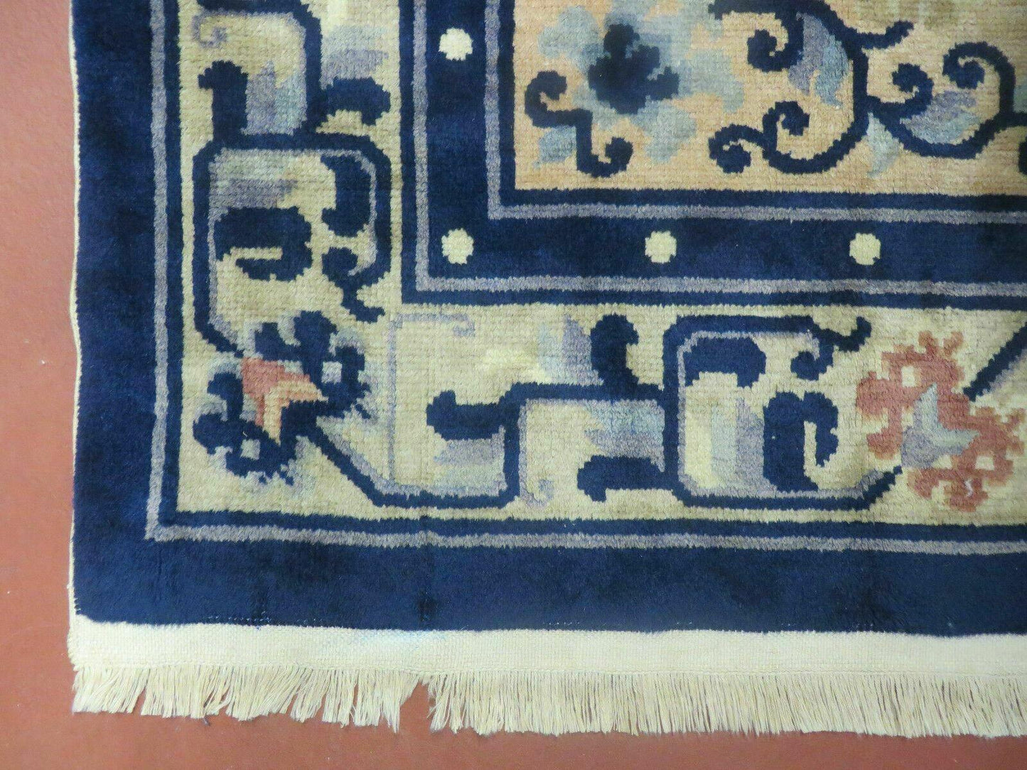 Antique Handmade Peking Chinese Wool Rug 1950s Vintage 47 By 71 Inches Blue And Salmon