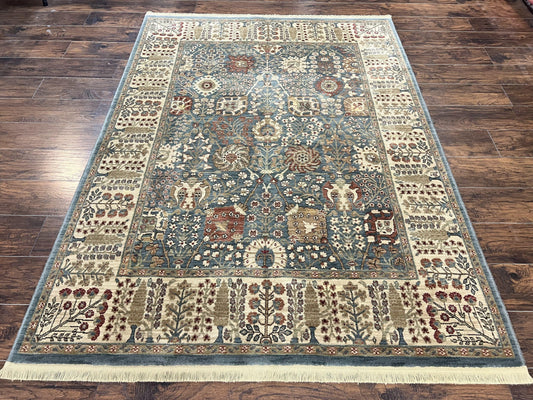 Belgium Powerloomed Wool Rug Green and Cream Vintage Oriental Carpet 5.6 by 7.6 Feet