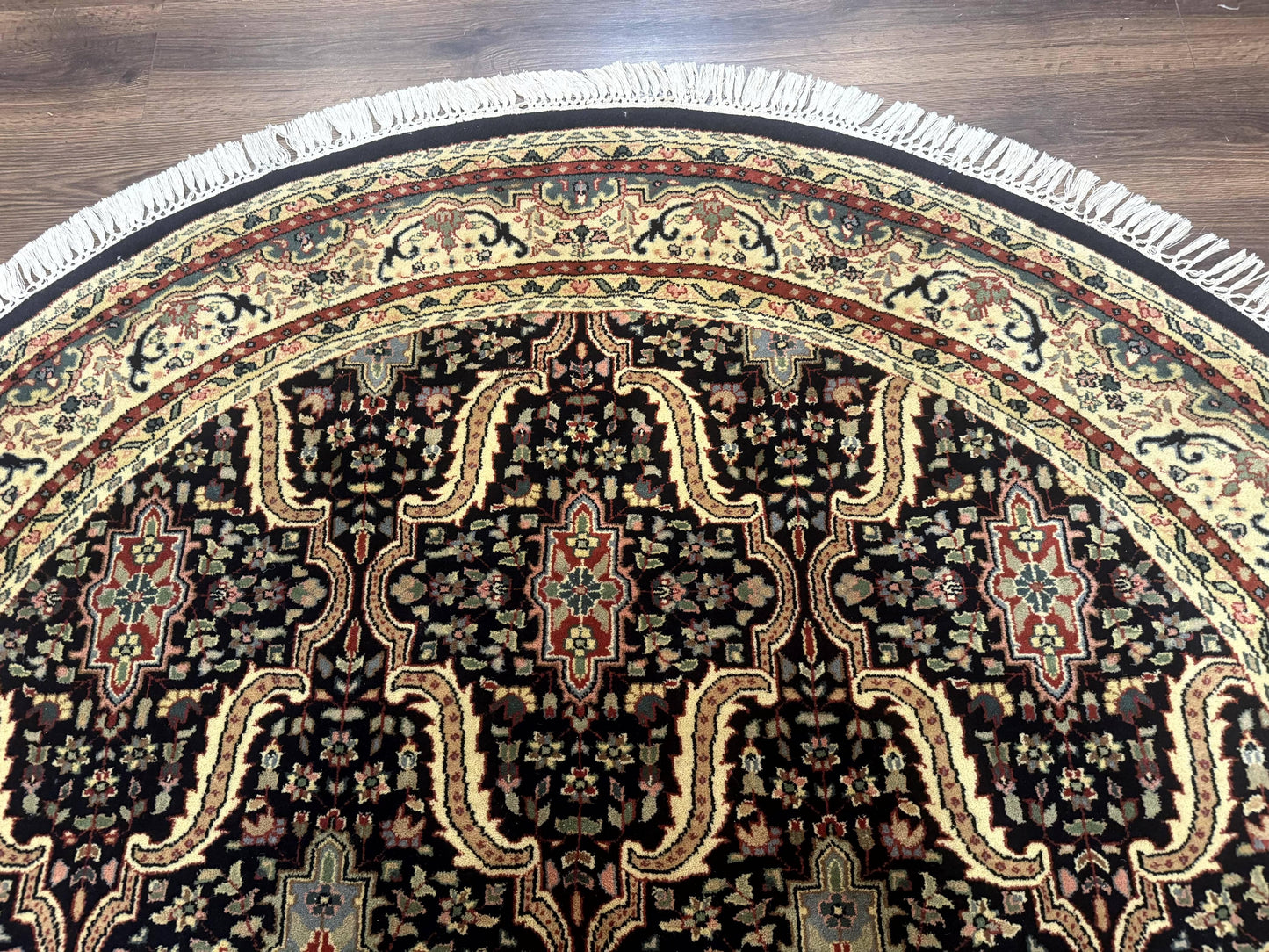 Indo Persian Bidjar Rug Round 6x6 Wool Hand Knotted Navy Blue Beige