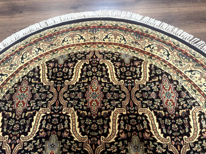 Indo Persian Bidjar Rug Round 6x6 Wool Hand Knotted Navy Blue Beige
