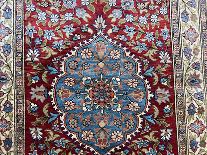 Silk Turkish Kayseri Rug 2x3, Small All Silk Turkish Carpet, Red and Light Blue, Very Fine Hand Knotted Semi Antique Vintage Handmade Rug