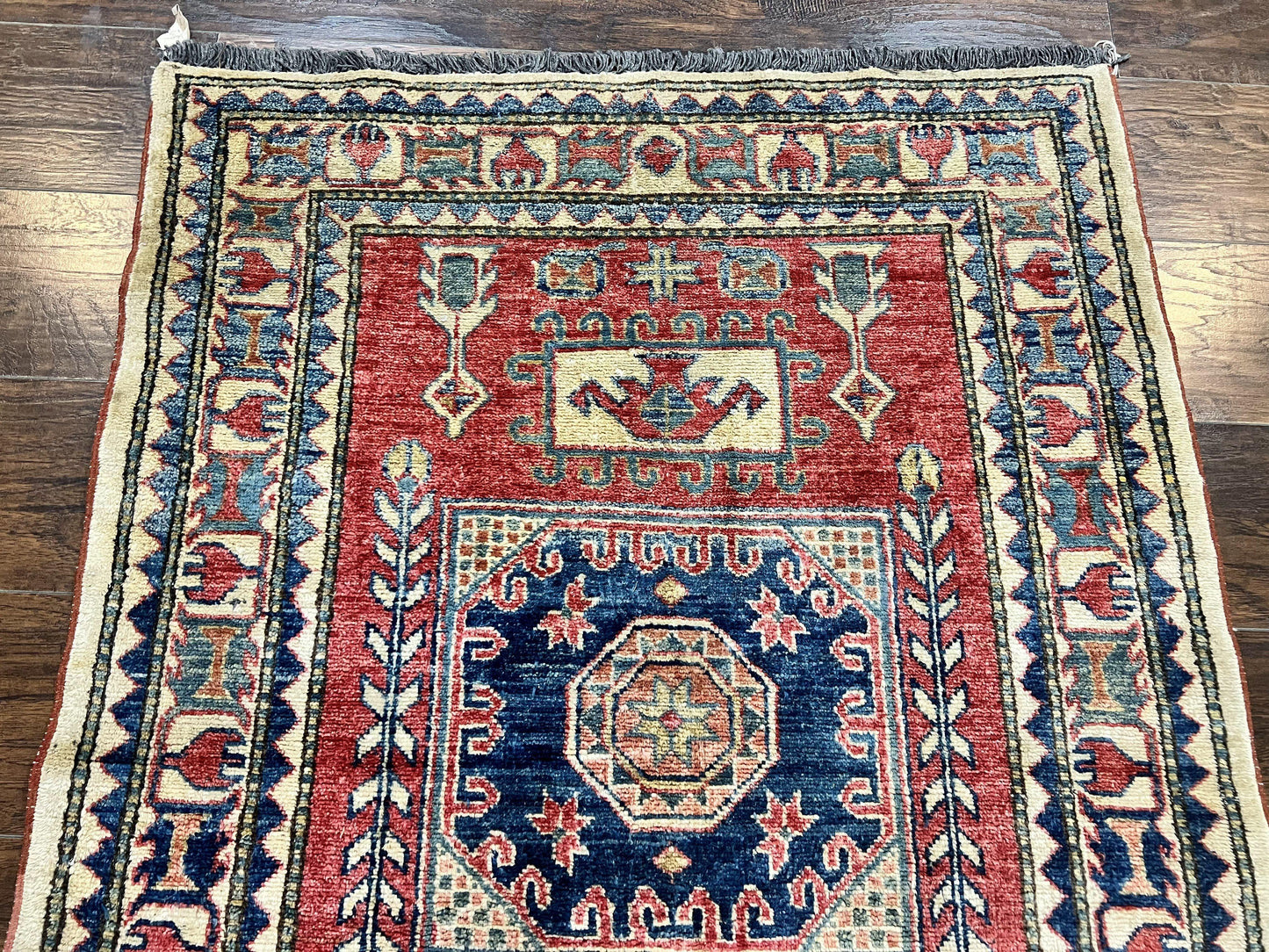 Turkish Kazak Rug 3x4 Hand Knotted Wool Vintage Carpet Red Navy Blue Geometric Design
