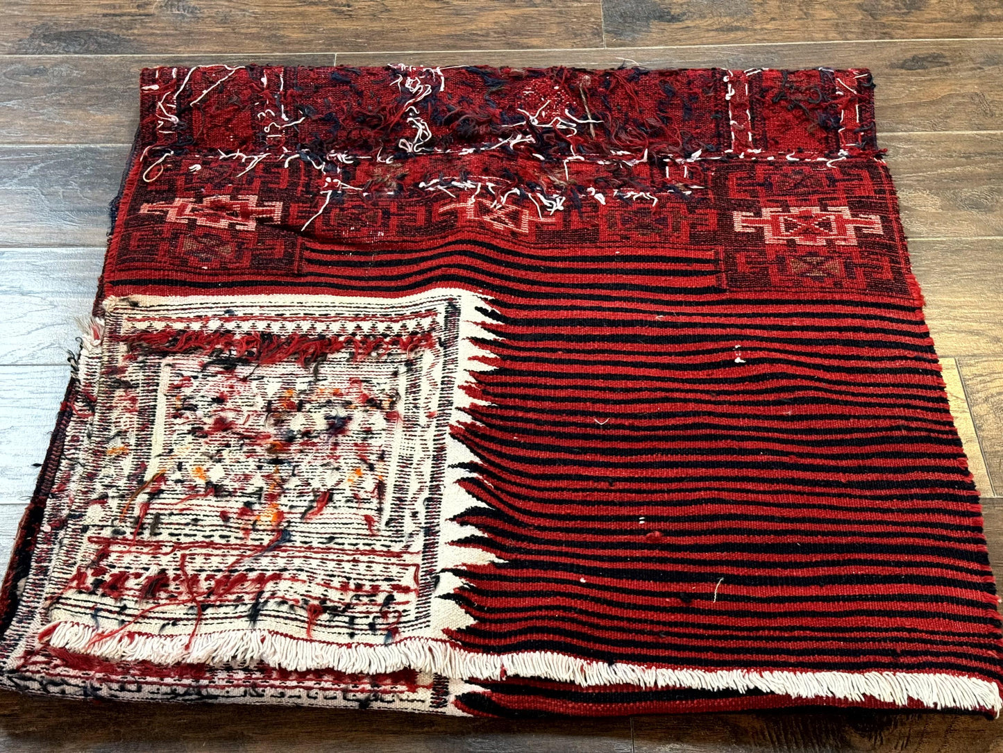 Persian Tribal Nomadic Saddle Cover Rug, Antique, Handmade, Wool, Red Ivory Black, Collectible, Shashavan