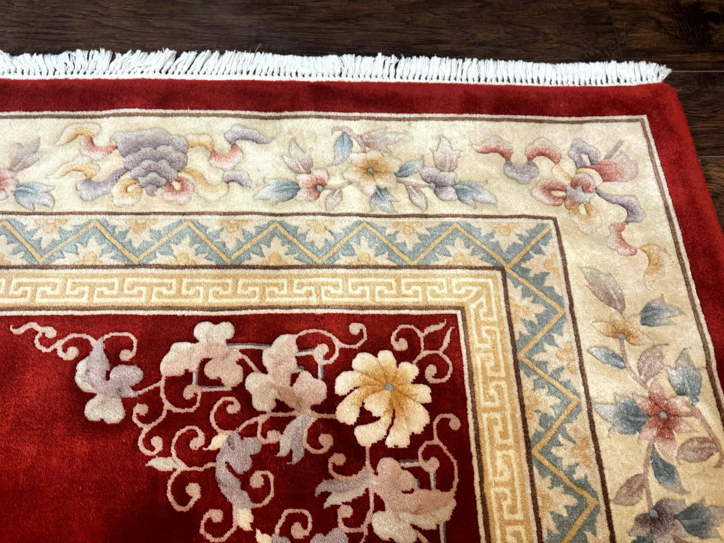 Chinese Wool Rug 8.6 By 11 Vintage Handmade Carved Chinese Oriental Carpet Plush Pile Semi Open Field