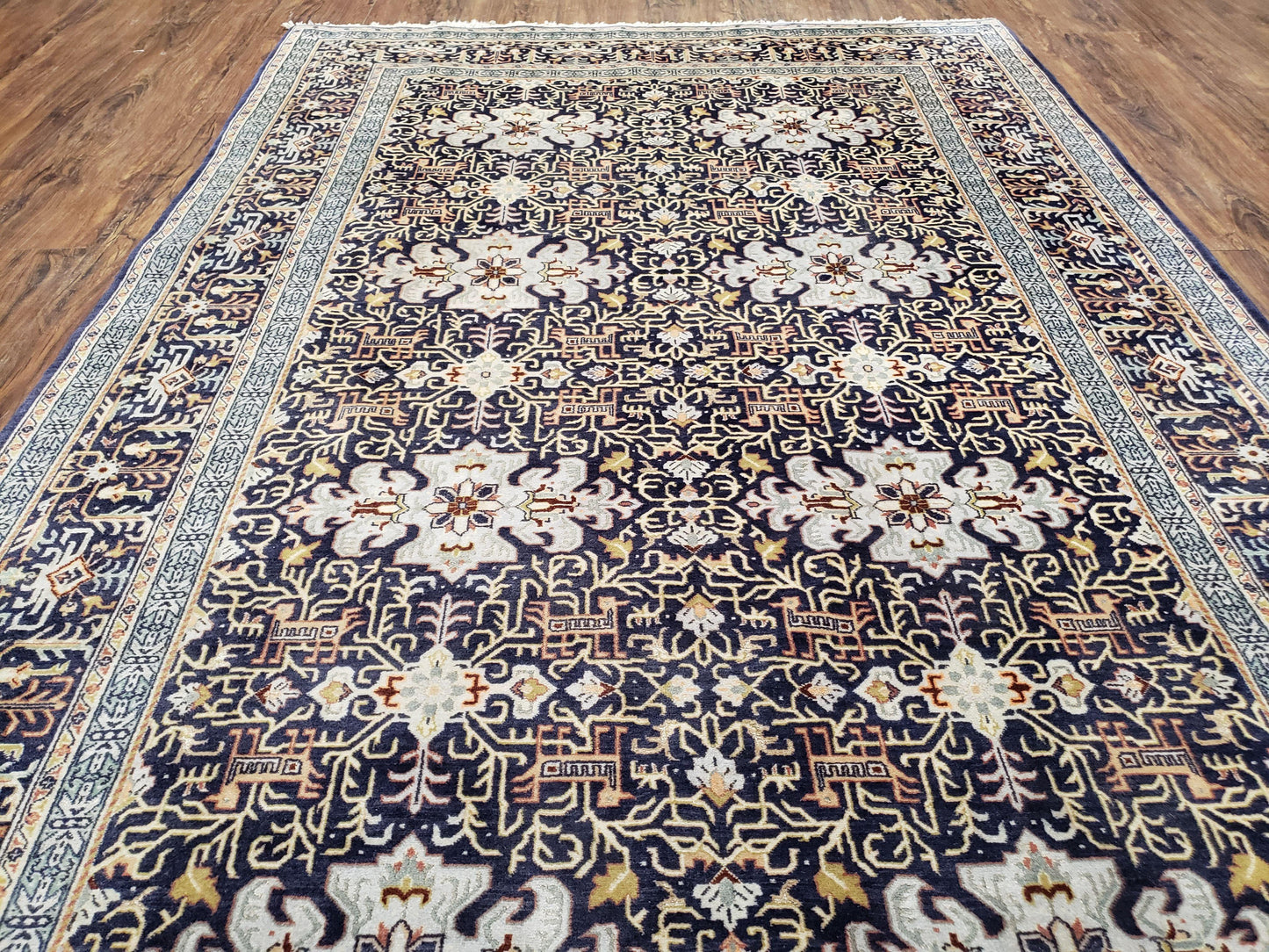 Persian Kashan Rug Hand Knotted Wool Navy Blue
