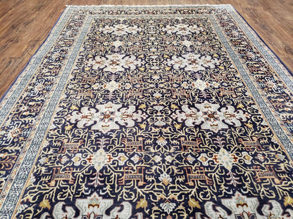 Persian Kashan Rug Hand Knotted Wool Navy Blue