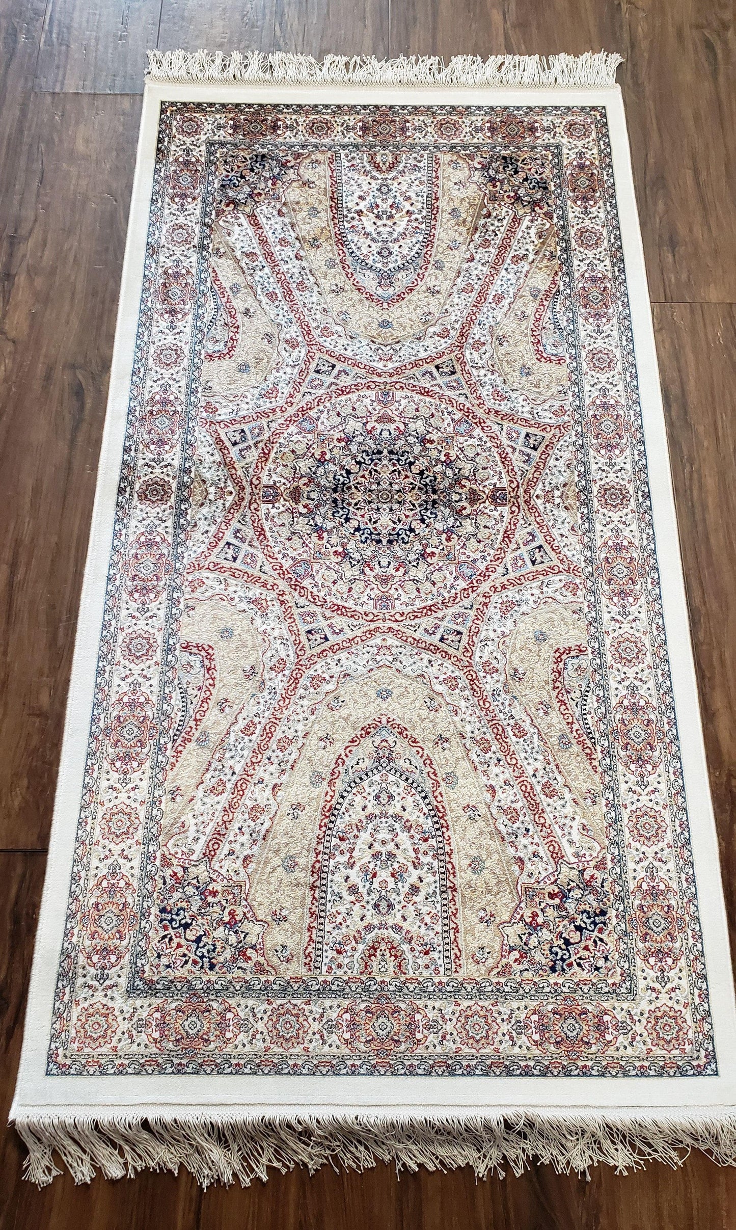 Turkish Silk Rug Beige and Cream 3x5 Ft Soft Accent Bamboo Silk Persian Design