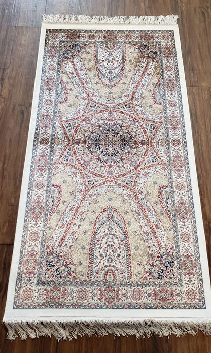 Turkish Silk Rug Beige and Cream 3x5 Ft Soft Accent Bamboo Silk Persian Design