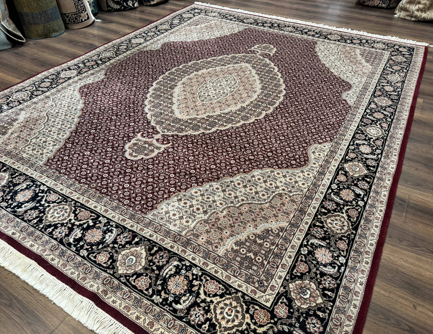 Sino Persian Rug 8x10 Herati Pattern Elegant Oriental Carpet Dark Maroon Handmade Wool