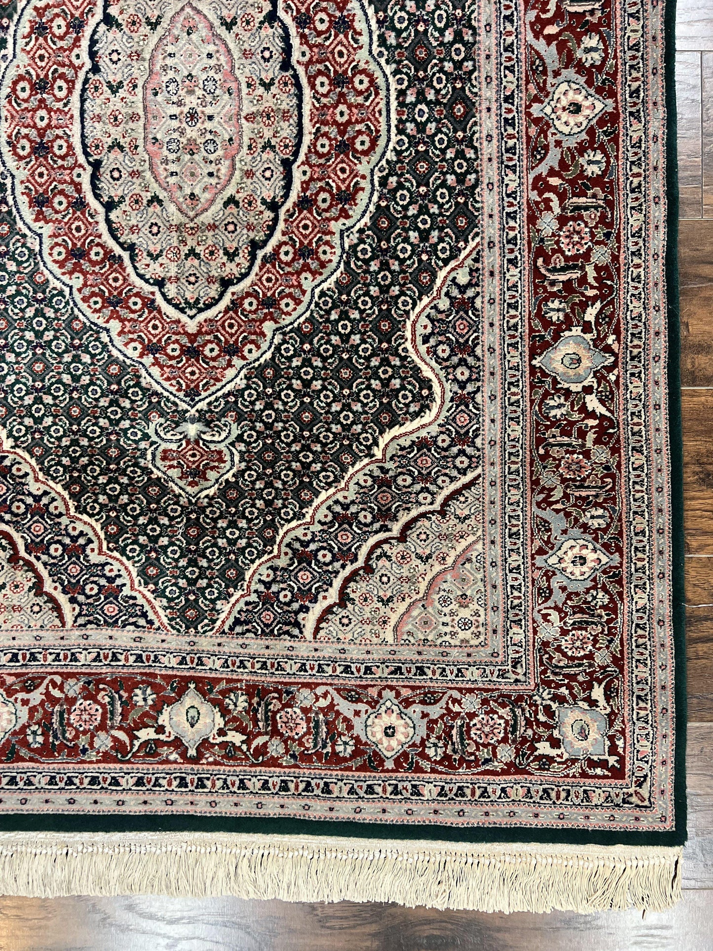 Sino Persian Rug 4x6 Hand Knotted Wool Silk Highlights Herati Medallion Vintage Carpet Green Maroon