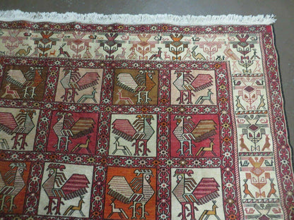 Vintage Russian Kilim Rug Handmade Flat Weave Soumak Silk Wool 4x6 Roosters Birds
