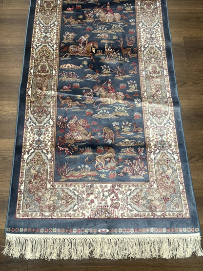 Turkish Silk Rug 2.6 x 6.7, Short Runner Rug, Blue & Ivory, Bamboo Silk, New
