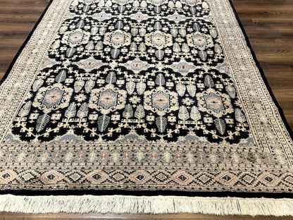 Turkoman Bokhara Rug 6x9 Hand Knotted Wool Carpet Black Handmade Authentic Pakistani