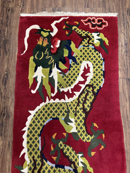 Vintage Chinese Dragon Rug 3 x 6.8, Handmade Hand Knotted Red Chinese Carpet with Gold Dragon, Art Deco Peking Soft Chinese Rug Runner