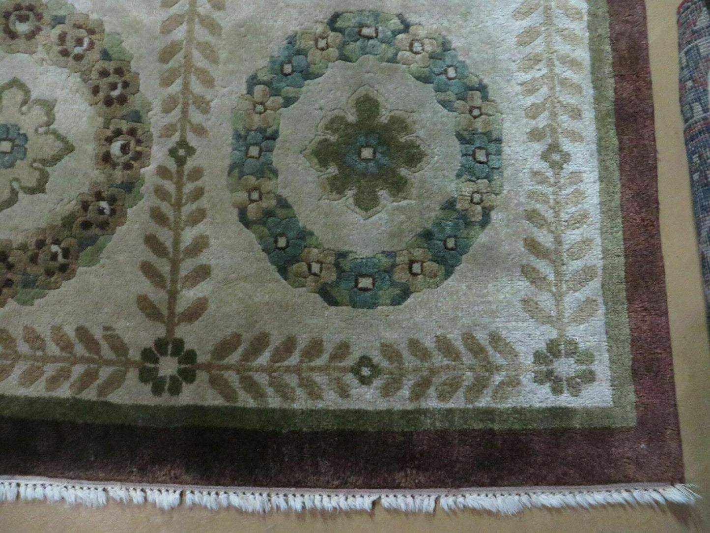 Handmade Wool Rug Indo Lahore 9x12 Modern Art Deco Olive Ivory