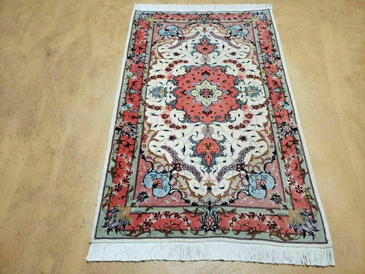 Vintage Persian Tabriz Wool Silk Rug Hand Knotted Medallion Ivory Salmon Light Blue