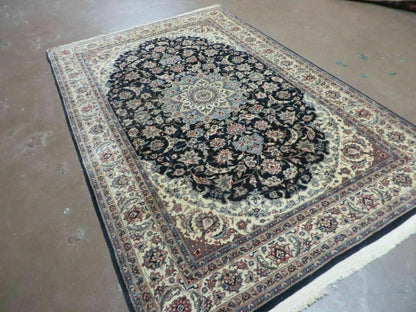 Hand Knotted Wool Silk Rug Vintage India Accent 4x7 Black