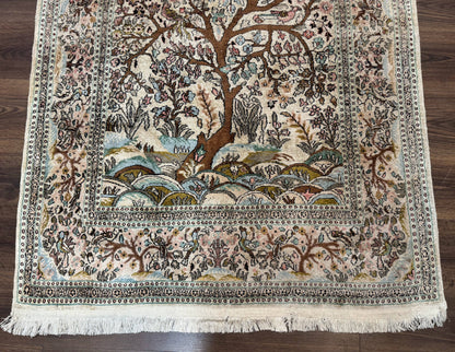 Indian Kashmiri Silk Rug 4x7, Tree of Life Design, Very Fine 380 KPSI, Birds