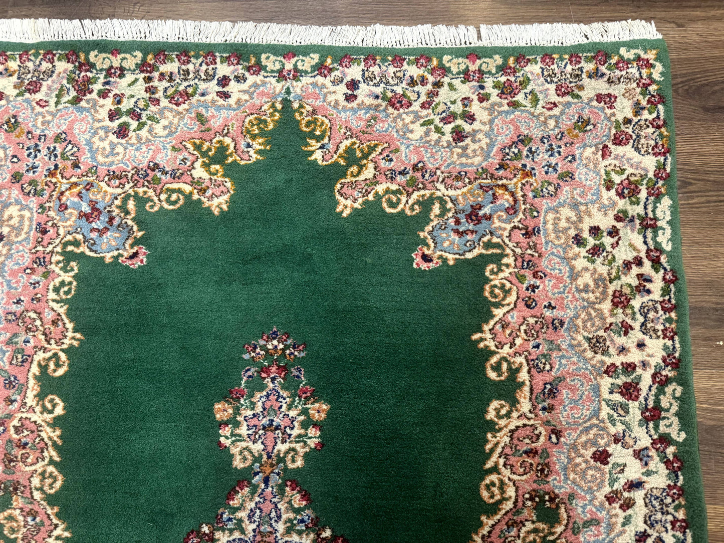 Green Persian Kerman Rug 4x6 Vintage Semi Open Field With Cream Borders