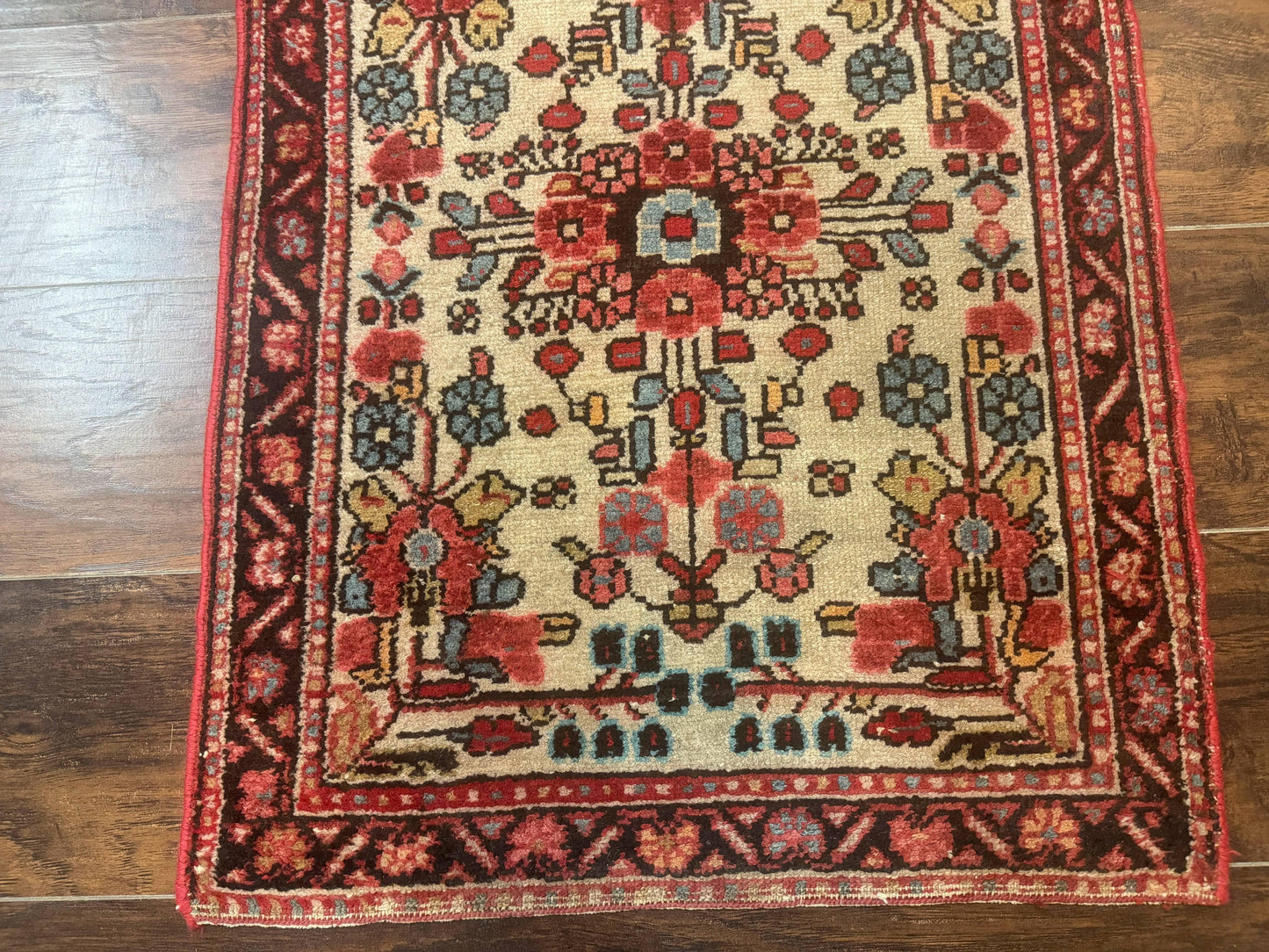 Small Antique Persian Rug 2x3, Beige and Red, Floral, Wool, Hamadan Rug