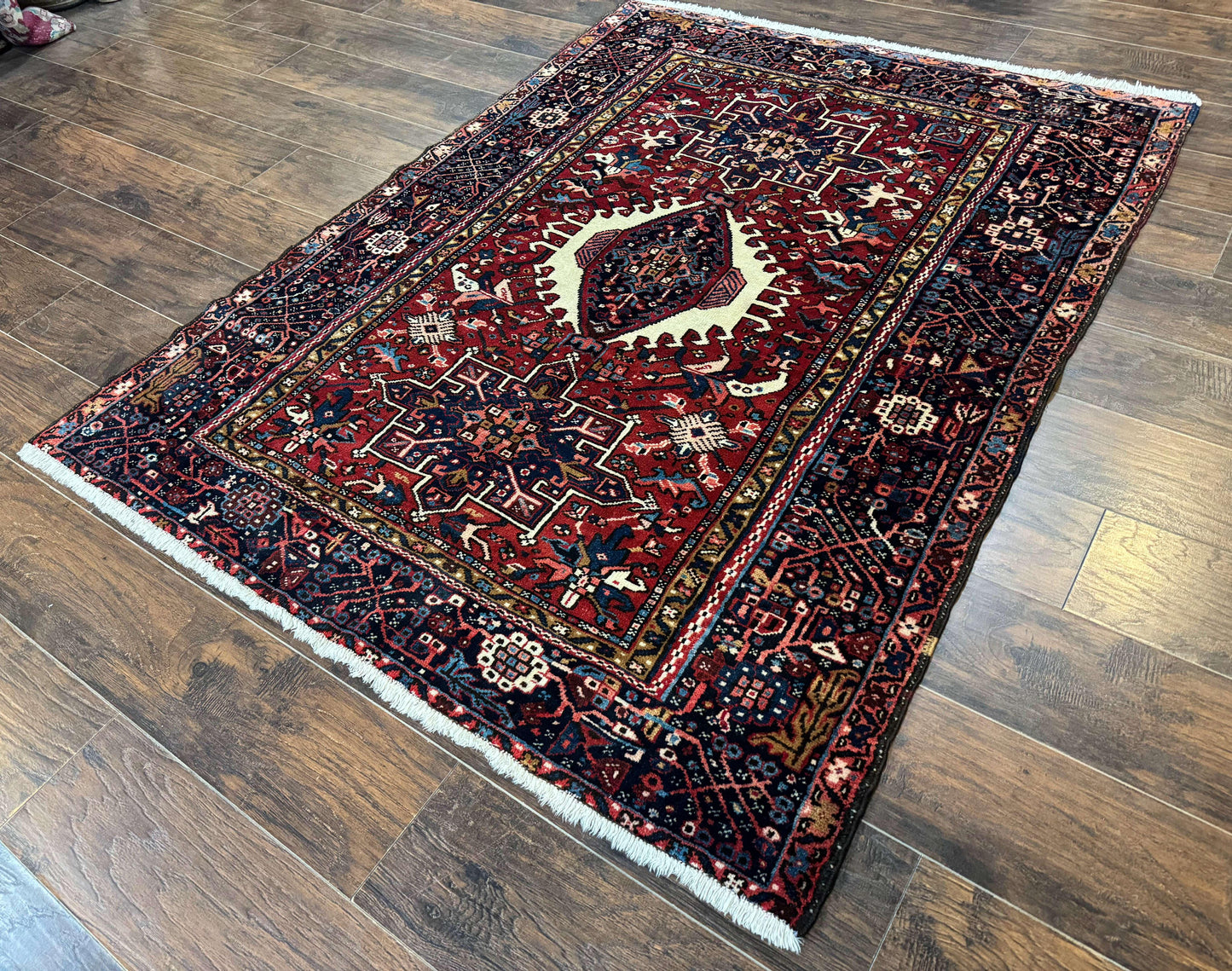 Persian Karajeh Rug 5x6, Antique Heriz Carpet, Geometric, Persian Tribal Rug, Brick Red Navy Blue
