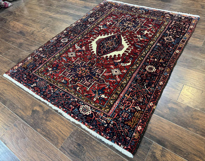 Persian Karajeh Rug 5x6, Antique Heriz Carpet, Geometric, Persian Tribal Rug, Brick Red Navy Blue
