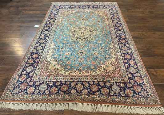 Light Blue Persian Isfahan Rug 5x8, Floral Medallion, Wool on Silk Foundation, Very Fine 530 KPSI, Handmade Carpet