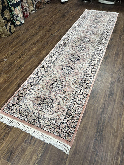 Silk Kashmiri Runner Hand Knotted Vintage Hallway Carpet Ivory Pink Medallion