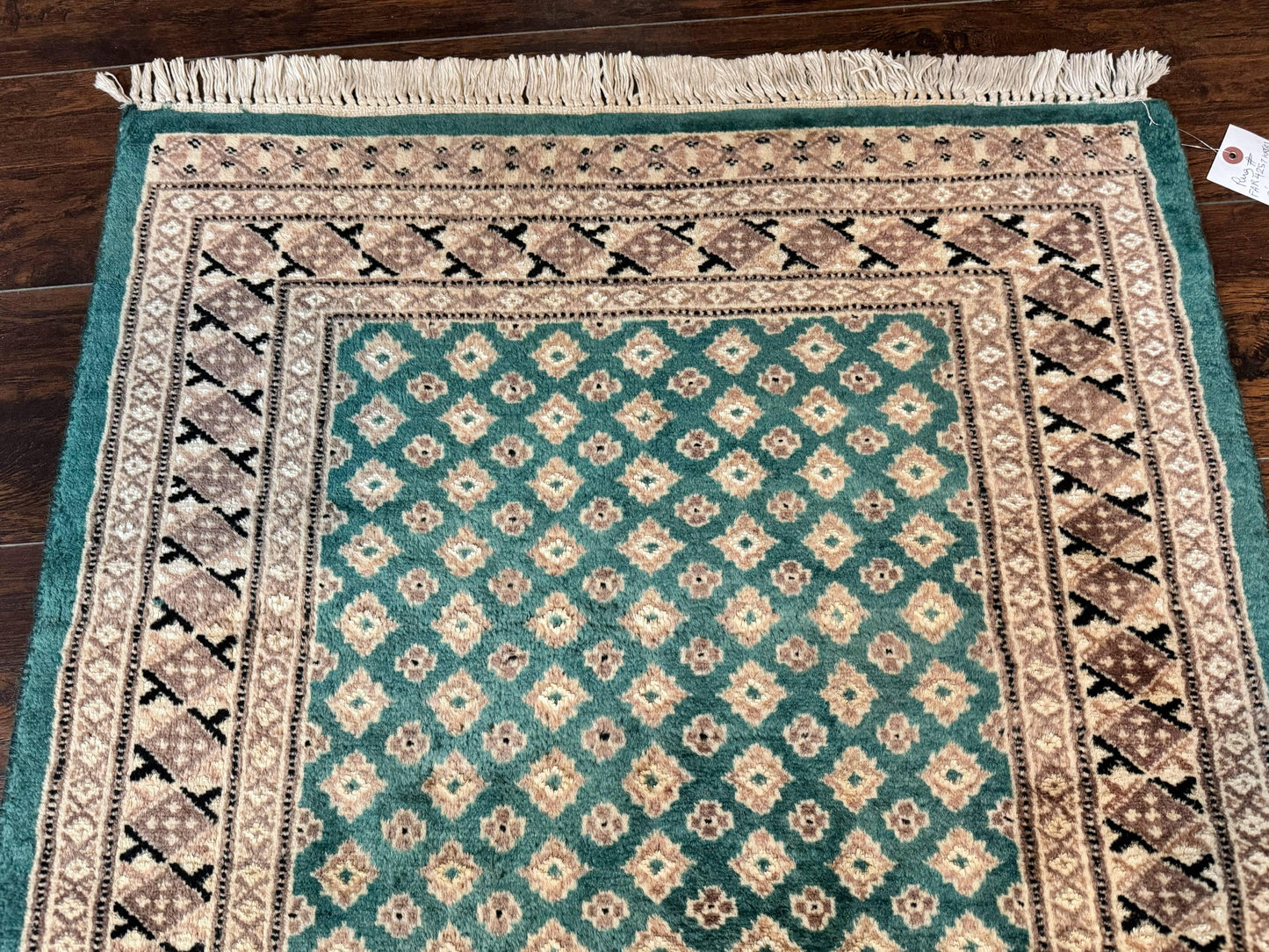 Long Pakistani Runner Rug 2.8 x 20, Hand Knotted Vintage Wool Hallway Rug, Turkoman Rug, Teal and Tan, Handmade Vintage Wool Runner