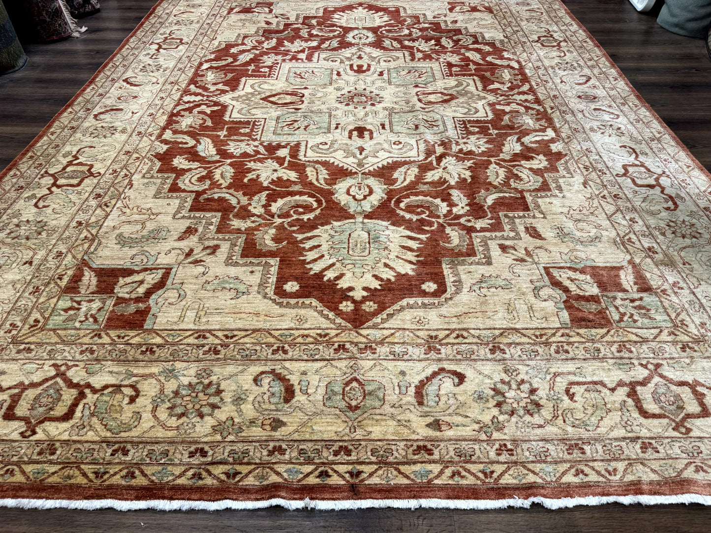 Turkish Heriz Serapi Rug 9x13 Geometric Medallion Hand Knotted Wool Vintage Area Rug
