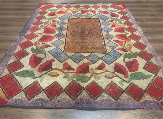 Vintage American Hooked Rug 6x7 Handmade Wool Abstract Red Lavender Cream