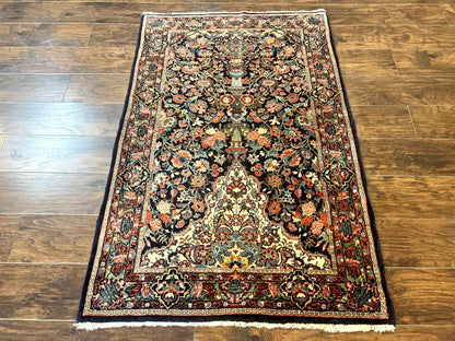 Persian Saoruk Rug 4x5 Navy Blue Red Floral Antique Wool Carpet Handmade