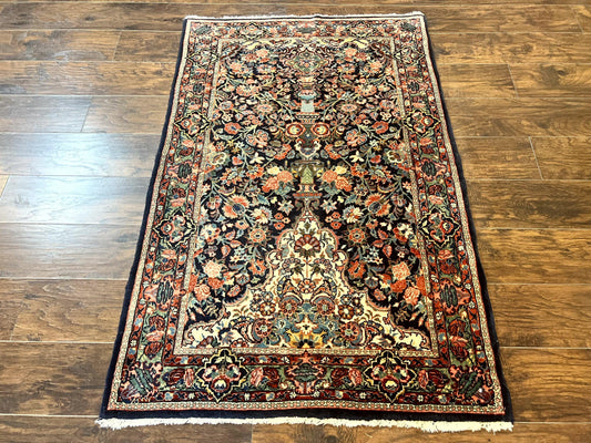 Persian Saoruk Rug 4x5 Navy Blue Red Floral Antique Wool Carpet Handmade