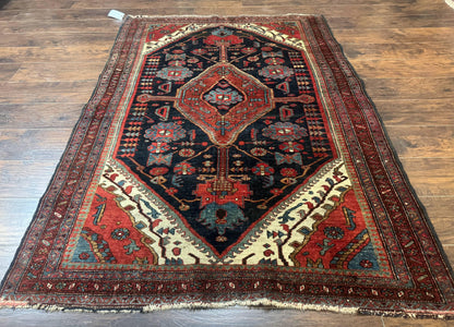 Antique Persian Bidjar Rug 5x6, Navy Blue and Red, Persian Tribal Rug