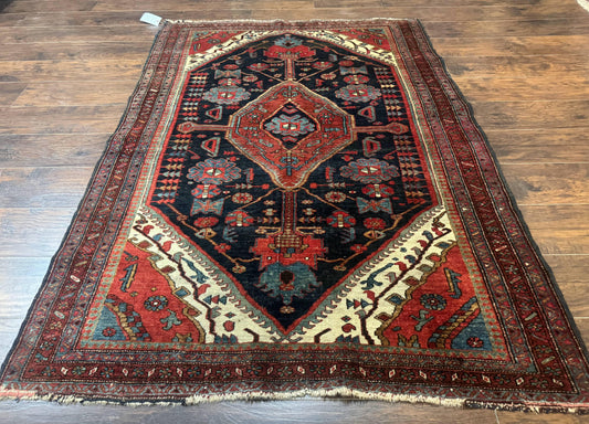Antique Persian Bidjar Rug 5x6, Navy Blue and Red, Persian Tribal Rug