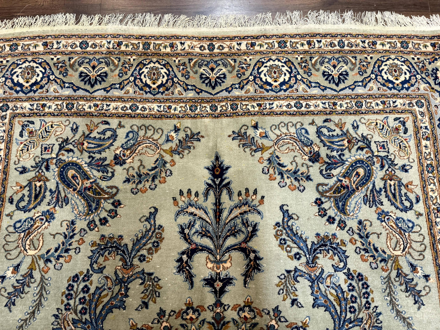 Persian Kashan Rug 7x10 Handmade Wool Light Green Blue Vintage Carpet