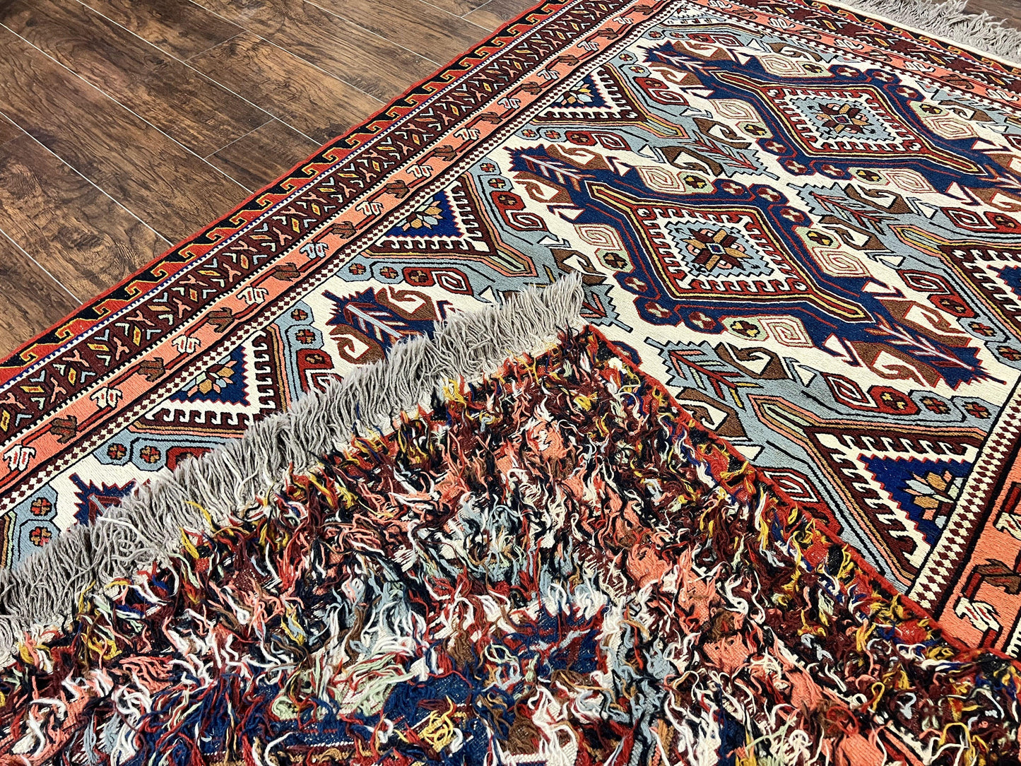 Russian Soumak Rug 6x8, Wool Handmade Antique Kilim Carpet, Multicolor 6 x 8 Geometric Medallions Caucasian Rug, Medium Size