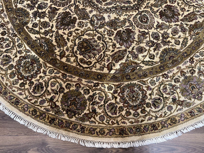 Round Indo Persian Rug 8 by 8 ft Hand Knotted Vintage Wool Circular Carpet Floral Medallion Cream and Green