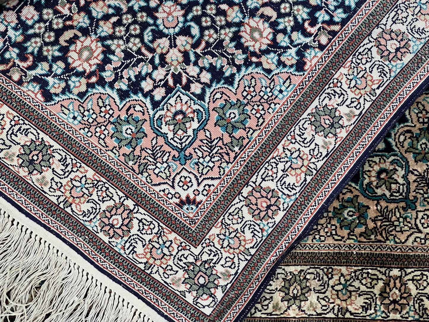 Sino Persian Silk Rug 2x2 ft, Very Fine High KPSI Small Silk Oriental Carpet, Hand-Knotted, Medallion, Vintage Silk Rug, Black Ivory/Cream