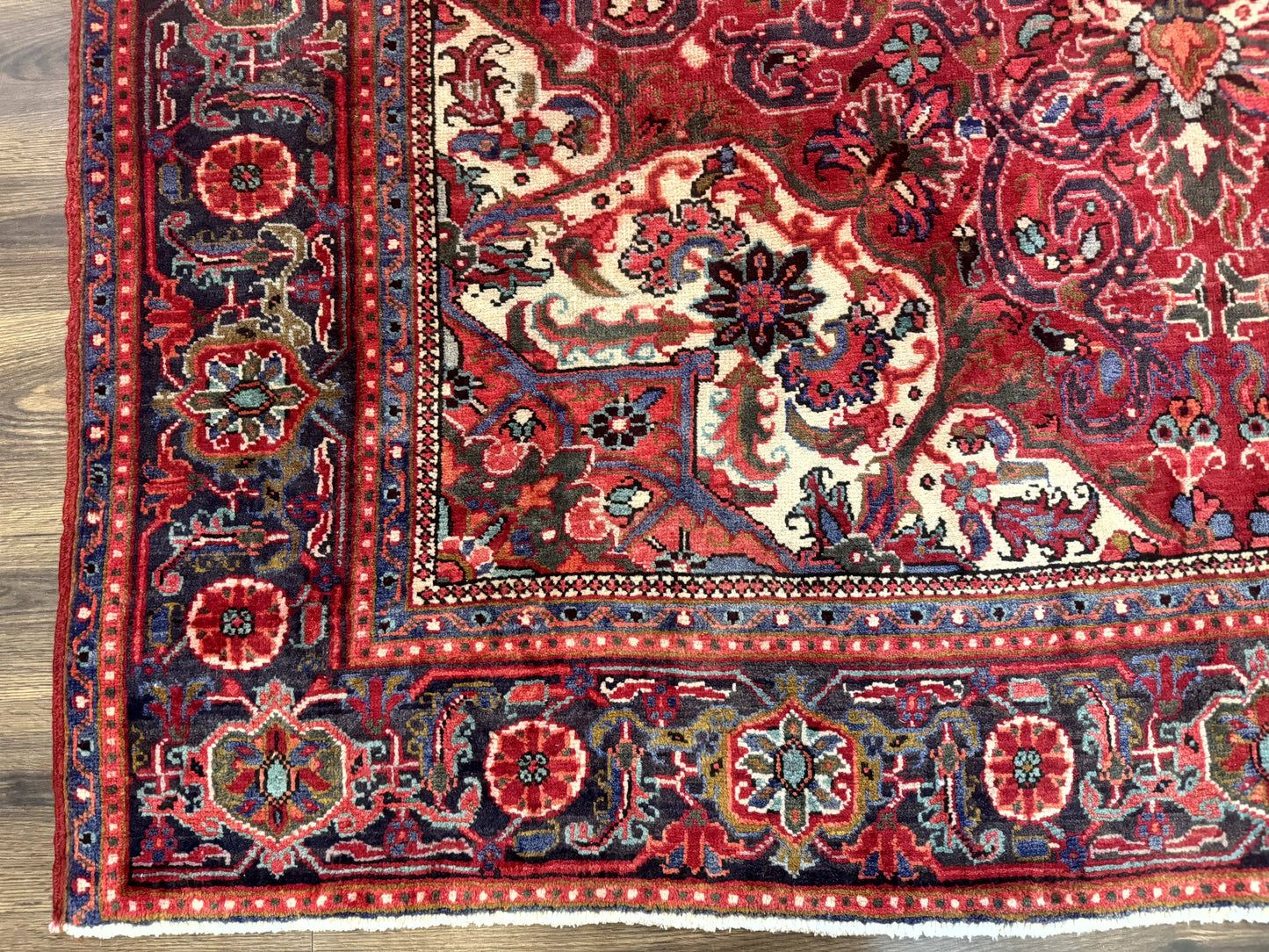Persian Heriz Rug 7x10 Vintage Wool Carpet Red Navy Geometric Medallion