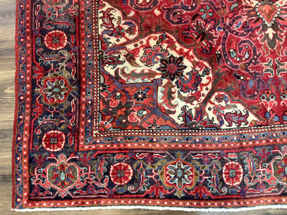 Persian Heriz Rug 7x10 Vintage Wool Carpet Red Navy Geometric Medallion
