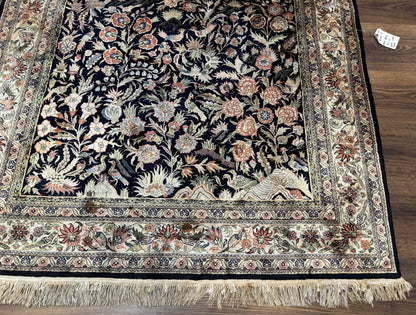 Silk Rug 4x6 Vintage Hand Knotted Tree of Life Black Cream Floral Bird Pictorial Sino Persian