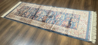 Turkish Silk Rug 2.6 x 6.7, Short Runner Rug, Blue & Ivory, Bamboo Silk, New
