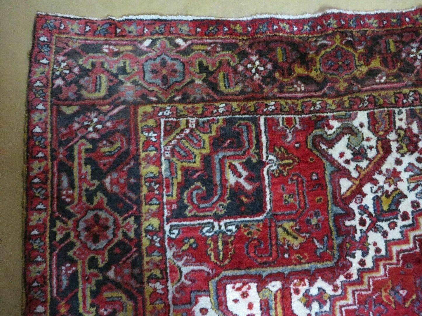 Heriz Rug 9x11, Geometric Persian Carpet Room Sized, Tribal Medallion Rug, Red Ivory Dark Blue Handmade Wool Rug for Living Room Dining Room